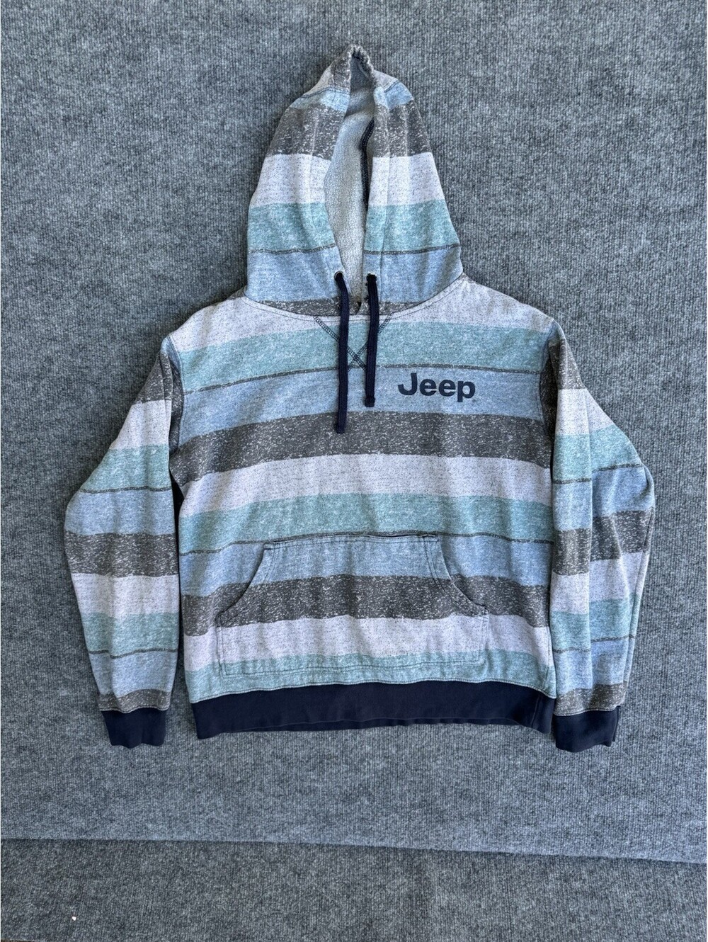 Burnside Jeep Hoodie Sweatshirt Men’s Striped Blue Gray Pullover Kangaroo Pocket